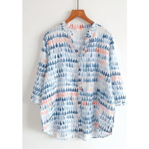 Cotton Printed Women Shirts Summer New 2021 V-Neck Half Sleeved Loose Casual All Match Female Outwear Tops