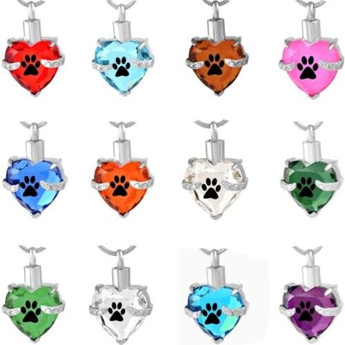 Birthstone Crystal Heart Memorial Jewelry Stainless Steel Cremation Urn Pendant Pet Paw print Necklace