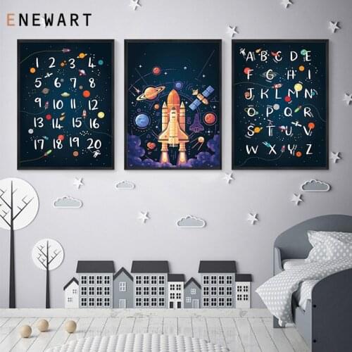 Solar System Rocket Cartoon Nursery Child Poster Numbers Alphabet Canvas Wall Art Print Painting Nordic Kid Decoration Picture