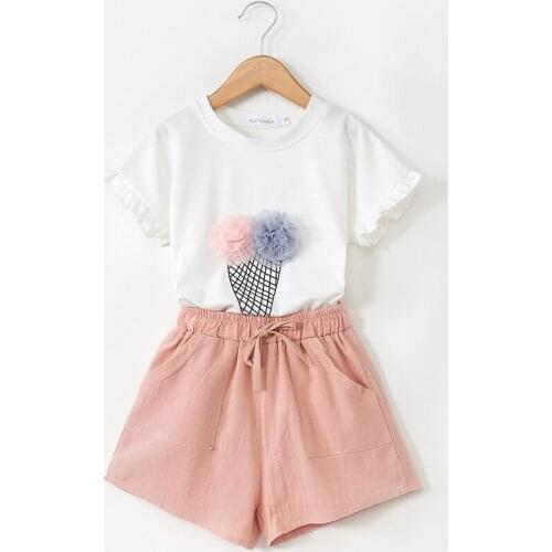 Girls Clothing Set Baby 2pieces Set T-shirt+shorts 2-6 Years Kids Sunmmer Clothing Suits White Ice Cream Tees+ Pink Short Pants
