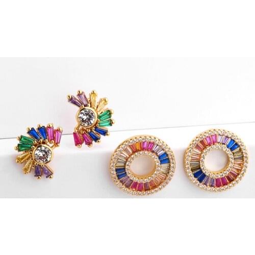 Colorful Bling Zirconia Stone Flower Gold Stud Earrings for Women Korean Rainbow Crystal Earrings Fashion Jewelry ers-q26