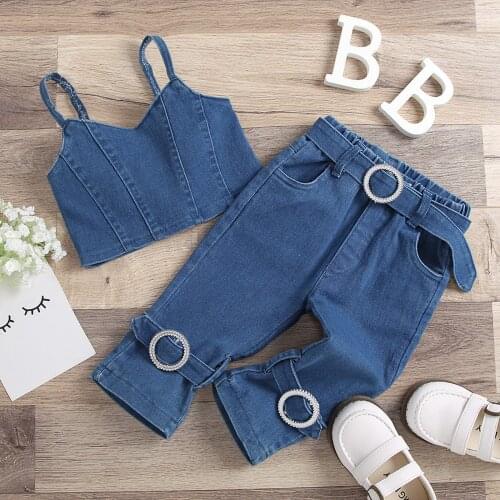 2 Pcs Infant Summer Outfits, Baby Girl Solid Color Spaghetti Strap V-neck Tank Top and Jeans with Movable Buckle Pocket