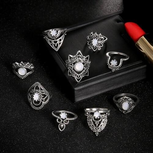 Mix Opal Stone Geometry Flower Rings Set for Women Boho Jewelry Unique Crystal Carving Knuckle Midi Ring Wedding Party 2020