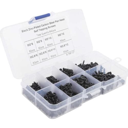 640Pcs/box Pan Head Tapping Screws Set Black M2.3 M2.6 Cross Carbon Steel Fastener Assortment Kit Phillips Screw kit
