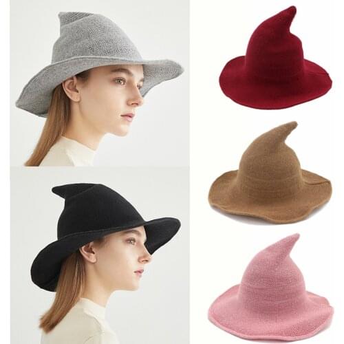 New Elegant Halloween Witch Hat Men And Women Knitting Autumn Winter Bucket Hats Wool Knit caps Foldable Solid Pointed Cap Gifts