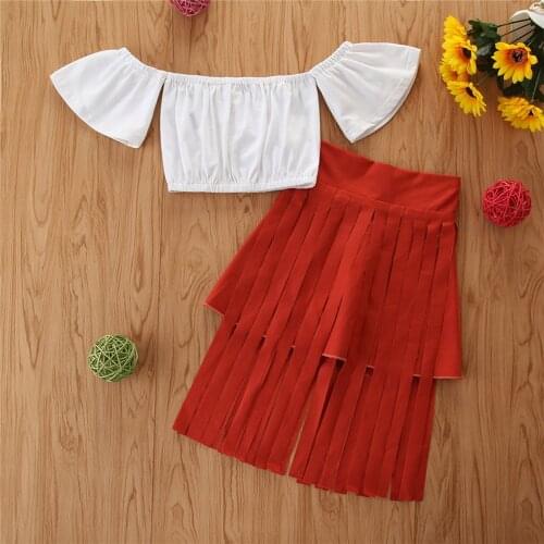 1-6Y Fashion Girls Two-piece Clothes Set White Solid Color Crop Top + Tassel Red Skirt Summer Set For Girls