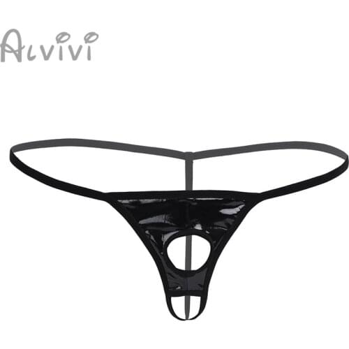 2020 Men Sexy G-string Jockstrap Male Patent Leather Lingerie Panties Bikini Open But Underwear Thong Briefs with Penis Holes