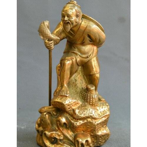 Collect China fengshui old Bronze Fishing Weng Fishing old man Jiang Ziya Statue
