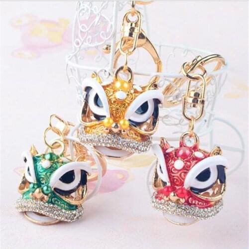 Rhinestone Chinese Dance Lion Keychain Men Car Crystal Keyring Lucky Key Holder For Women Bag Traditional Festival Decor Jewelry