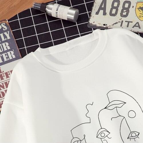 Gray White Art Vintage Face Line Printing Moletom Sweatshirts Women Autumn Fashion Pullovers Plus Size Warm Hoodies Streetwear