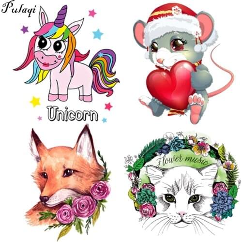 Cartoon Unicorn Iron On Patch On Clothes Mouse Iron Heat Transfer Vinyl Cat Wolf Thermal Stickers T-Shirt Transfers For Clothing