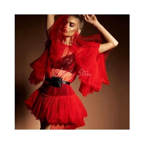 Trend Red A-Line Ruffles Short Tulle Dress Women Sexy See Thru Long Sleeve Mini Length Cocktail Party Dressing Girls Vestido