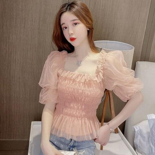 Rainbow Blouse Women Puff Sleeve Square Collar Lace Up Tops Office Lady Summer Japan Style Kawaii Korean Chiffon Blouse