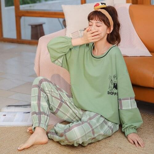 Femme Sleepwear Autumn Cotton Pajamas for Women Sweet Home Clothes Long Sleeve Pyjama Cute Cartoon Nightgown Loose Large Size