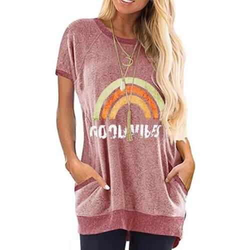 Womens Solid Round 2021 Neck Short Sleeve Top Contrast Printed Pocket Casual T-shirt