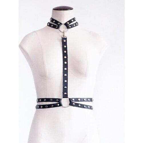Handmade Punk Gothic Women Halter Neck Leather Choker Harness Detachable Waist Belt Body Suspender Straps