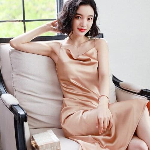 2021 Swinging Collar Acetate Satin Dress Womens Silky Natural Waist Temperament Luxury Evening Dress Sling Sexy Mujer Vestidos