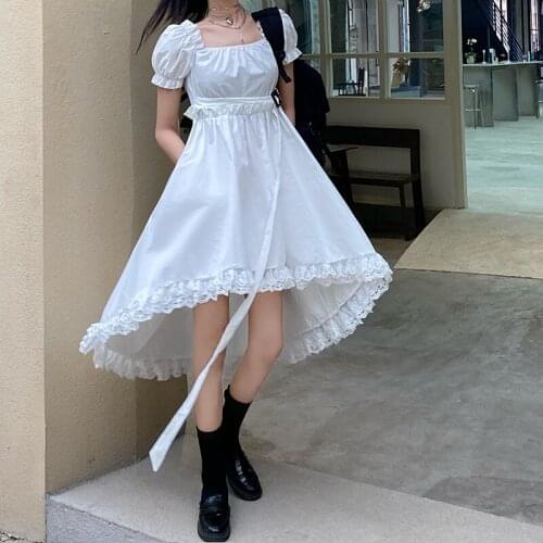 Japanese sweet lace edge stitching square collar bubble sleeve high waist solid color irregular mid-length dress women summer