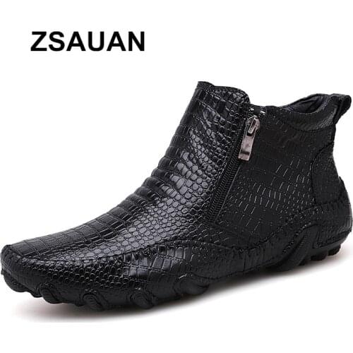 ZSAUAN Brand Drop Shipping Mens Boots Crocodile Pattern Casual Men Leather Ankle Boots Soft Waterproof Winter Warm Zip Boots