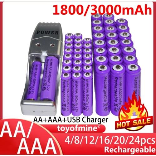 10/20/24/30/40pcs AA 3000mAh + AAA 1800mAh 1.2V NiMH Purple Rechargeable Battery Cell