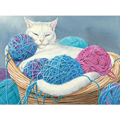 5D DIY White Cat And Colorful Cotton Thread Diamond Painting Full Drill Embroidery Cross Stitch Mosaic Home Decor Christmas Gift