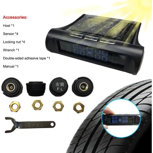 Solar Power Vehicle Car Tire Tyre Pressure Monitoring System Wireless Auto TPMS Alarm Warning With 4 Sensors BAR PSI LCD Display