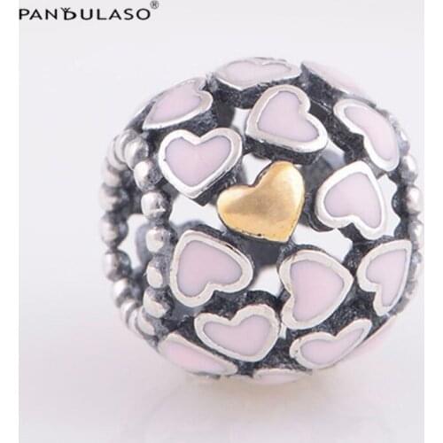 DIY Beads Pink Hearts Beads Fits Original Silver Bracelets For Woman Sterling Silver Jewelry Beads For Jewelry Making