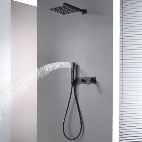 Black modern square matte shower can shower tap assembly on bathroom wall shower hand system cold and hot tub shower joint
