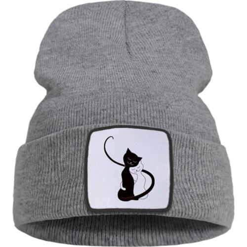 Black And White Cat Love Print Kawaii Autumn Ski Hat Outdoor Casual Beanie Hat Wool Fashion Unisex Hats Skullies Creative Hats