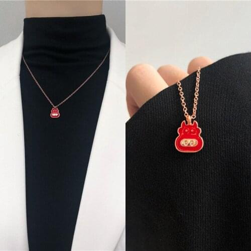 Chinese Cute Red Cartoon Zodiac Ox Pendent Necklace for Women Men Girls Adorkable Bull Head Necklace Jewelry 2021 New Arrival