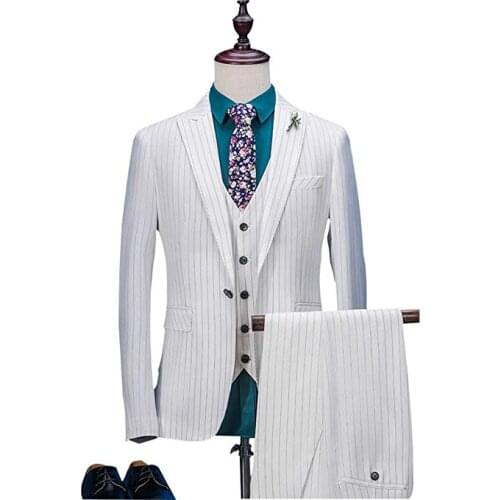 Custom Made Groomsmen White with Stripe Groom Tuxedos Peak Lapel Men Suits Wedding Best Man Blazer( Jacket+Pants+Tie+Vest ) C404