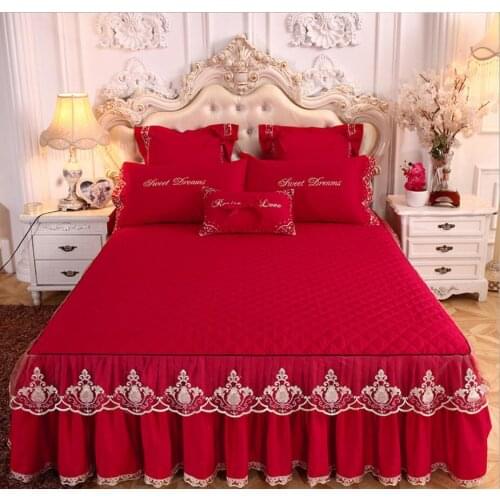 Wedding Lace Bedding Bed Sheet Pillowcases Cotton Thicken Warm Mattress cover Soft Girls Bedspread Bed Skirts King Queen Size
