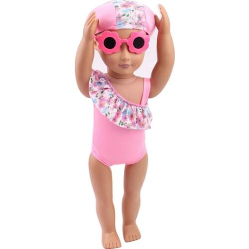 Doll clothes pink print swimsuit + swim cap + glasses toy accessories fit 18 inch Girl doll and 43 cm baby doll c181