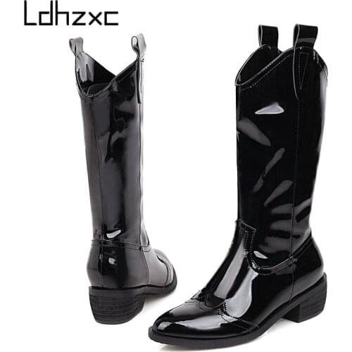 LDHZXC 2020 Fashion winter mid calf Boots women Leather Black Female High Heels snow boots woman Shoes Lady Shoe big size 34-46