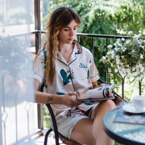 Summer Two Piece Sets for Women 2021 Silk Satin Sleepwear Turn-down Collar Plus Size Printed Short-sleeved Shorts Pajamas