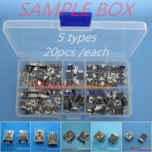 Mini usb connector Sample Box 5types 20pcs/each female SMD DIP 5Pin 180 90 degree Vertical Horizontal DIP mini usb jack