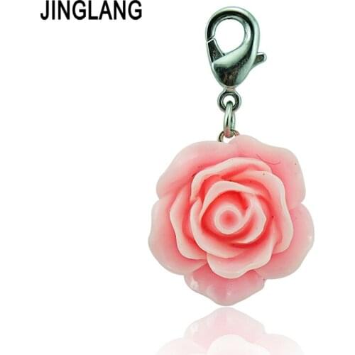 JINGLANG Fashion 50pieces/Lot Lobster Clasp Charms Pink Resin Rose Flower Pendants Charms DIY For Jewelry Making Accessories