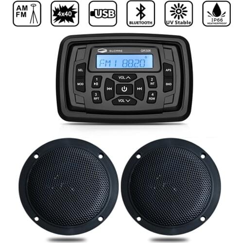 Marine Stereo Bluetooth Boat Radio Audio FM AM Receiver MP3 Car Player+4inch Marine Speakers For RV UTV Pool Yacht Motorcycle