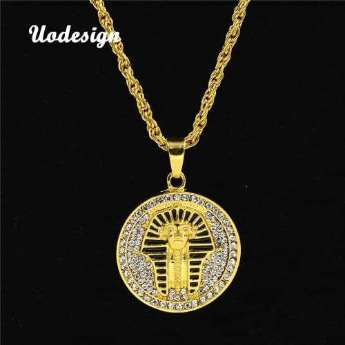 Uodesign Gold color Alloy 70cm Chain Men Egyptian pharaoh Head Pendant Rhinestone Necklace HipHop Necklace Jewelry for Men