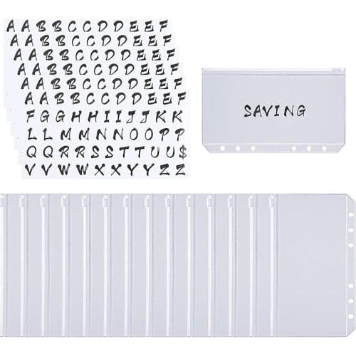 12pcs Binder Pockets A6 Size 6 Holes Zipper Binder Folders PVC Loose Leaf Bags and 6 Sheets 26 Categories Letter Sticker Labels