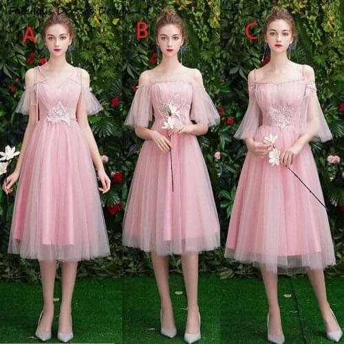 Princess Tea Length Bridesmaid Dresses Off Shoulder Spaghetti Strap Wedding Party Dress Applique Tulle A Line V-neck Vestidos