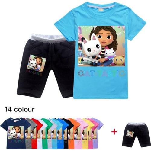 Girl Christmas Outfit Cat-Tastic Sportswear Suit 3D Cartoon Printed Pullovers Leisure Fashion Children Boys Summer T Shirt+Pants