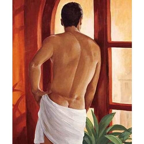 Sensuality Man after Bath Gay Interest Nude Male Back Sexy Modern Oil Painting