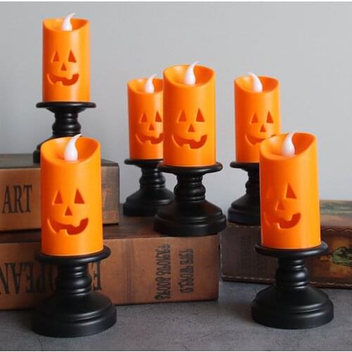 Led Table Candle Lamp Hollowed Out Pumpkin Expression Halloween Props With Simulated White Candle Wick Durable Good Material
