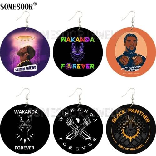 SOMESOOR Jewelry Black Panther Wakanda Forever R.I.P African King Both Sides Printing Wooden Drop Earrings For Women