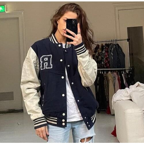 B-TOTO American Retro Navy Blue Color Matching Embroidery Baseball Uniform Jacket Female Tide Ins Jacket 2021 New Fashion