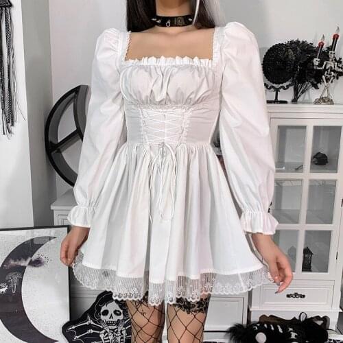Womens White Square Collar Lace Up Gothic Lolita Dress Girls Cute Sweet Puff Sleeve Princess Dress Long Sleeve Autumn Punk Dress