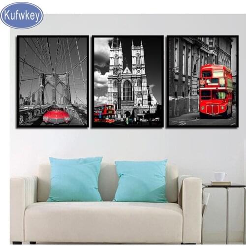 3pcs Diy Diamond Paintings black white london bus Diamond Pattern Beadwork Pictures Needlework Embroidery Diamond Mosaic Craft
