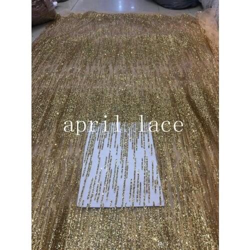 Stock 5 yards new bzh027 # gold stripe glued glitter mesh tulle lace fabric for sawing bridal wedding dress