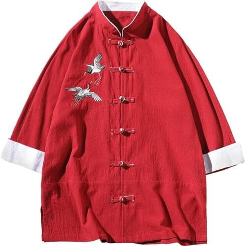 #8123 Black Red White Casual Vintage Chinese Style Cotton Linen Shirts Men Half Sleeve Embroidery Crane Plus Size Shirt For Man